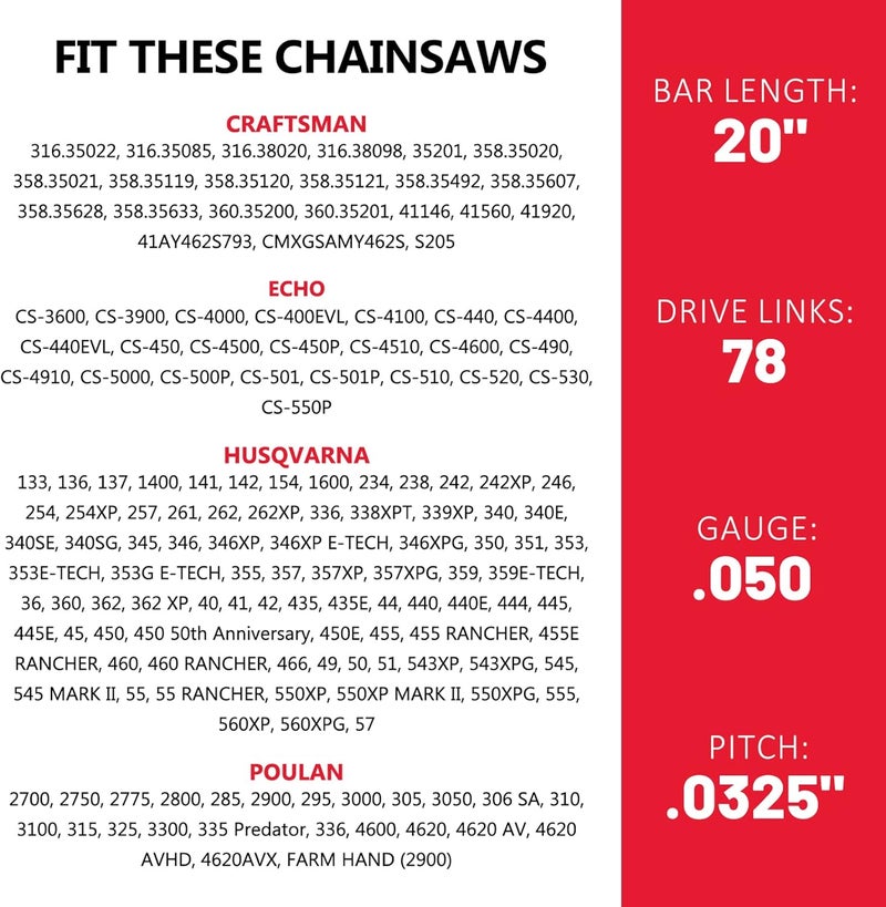 ES 3 Pack 20 Inch Chainsaw Chain .325" Pitch .050" Gauge 78 Drive Links Semi-Chisel Chain Saw Chains for Husqvarna, Poulan, Craftsman, Greenworks and More Chainsaw Brands - Image 4